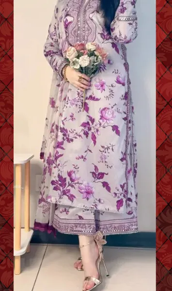 Pakistani Original Aneelas Pure Lawn Stitched 3Pcs _ Lavender 